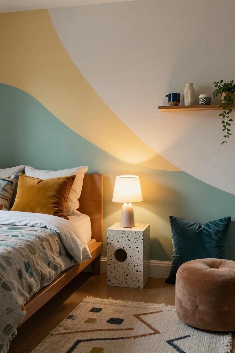 Bedroom corner showing a wooden bed with white duvet, mustard yellow velvet pillows, teal velvet pillow on chair, speckled white nightstand with lamp, wavy teal and yellow painted walls, wooden shelf with plants and ceramics, woven rug, and pink ottoman.