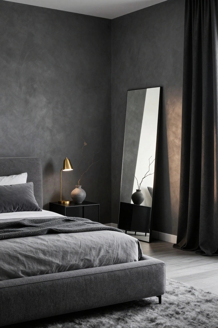 Gray upholstered bed with white and gray velvet pillows, gray linens, and knit throw in a dark textured bedroom with gold lamp on black nightstand, tall mirror, black side table, black curtains, and fluffy gray rug on light wood floor.