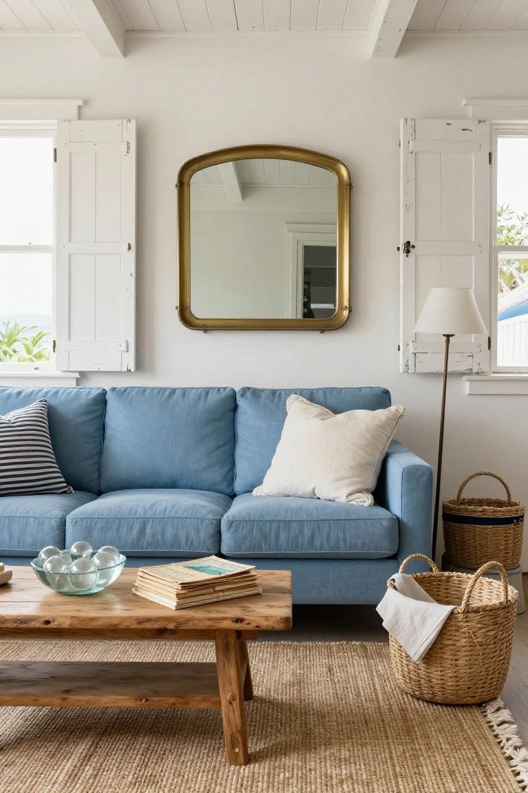 Light-filled living room with blue fabric sofa accented by striped and white pillows, rustic wooden coffee table holding glass bowl of clear marbles and stacked books, seagrass rug, arched brass mirror, white shuttered windows with ocean view, floor lamp, and wicker baskets.