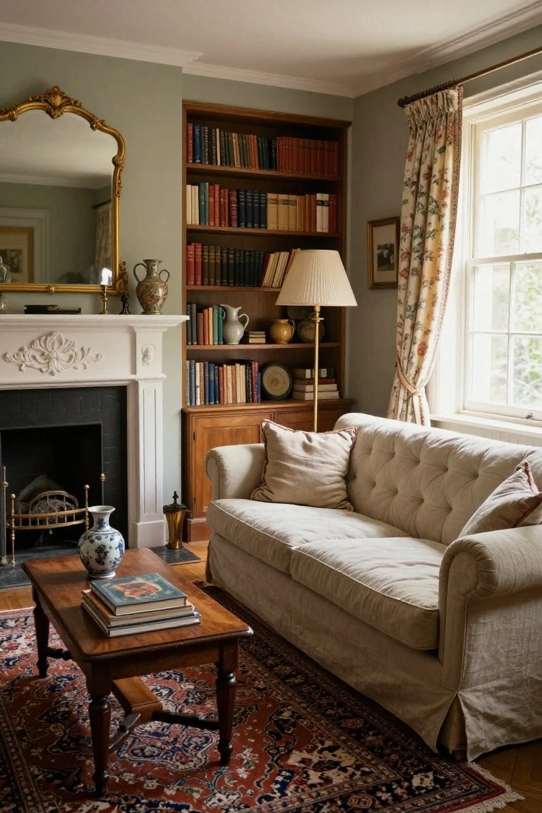 A cozy living room with sage green walls, wooden bookshelves flanking a white ornate fireplace, a cream tufted sofa, low wooden coffee table with stacked books, and a red Persian rug.