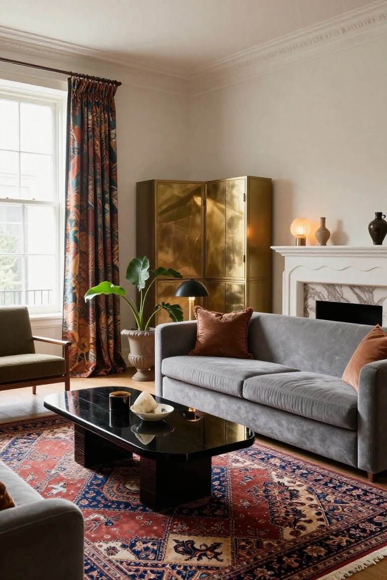 A living room with gray sofa and cushions, black rectangular coffee table on red and blue patterned rug, tall gold brass folding screen cabinet beside white marble fireplace, large potted plant, and colorful patterned curtains at window.