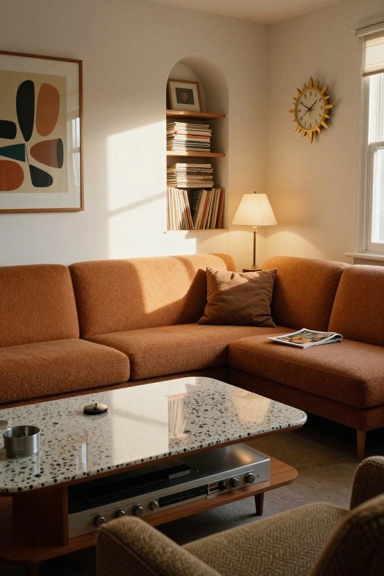 A sunlit living room with a burnt orange L-shaped sofa, terrazzo-topped coffee table with built-in stereo, bookshelves in a white alcove, table lamp, and abstract wall art.