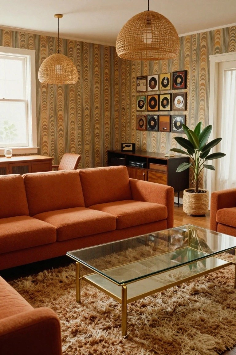 Living room with burnt orange upholstered sofas and chairs, glass and brass coffee table on shag rug, rattan pendant lights, wavy patterned wallpaper, framed vinyl records on wall, wood furniture, and potted plant by window.