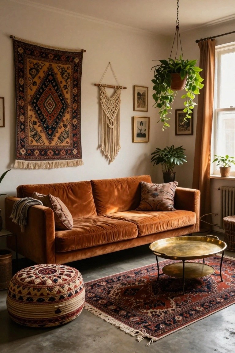 Living room with burnt orange velvet sofa, brass tray table on black legs, red and gold patterned rug, woven pouf stool, large wall tapestry, macrame hanger, potted plants, and framed art on white walls near curtained window.