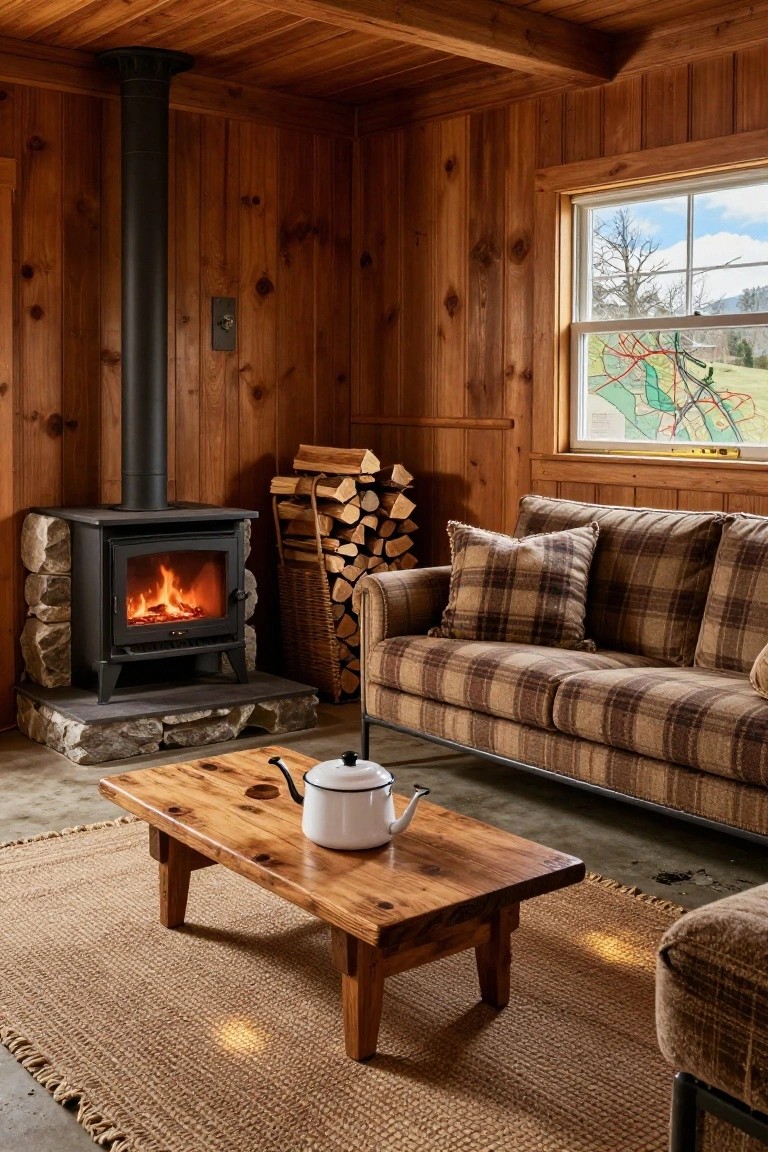 Wood-paneled cabin living room with black wood-burning stove on stone hearth, burning fire inside, plaid fabric sofa, wooden coffee table holding white teapot, firewood basket, and window with stained glass landscape design.