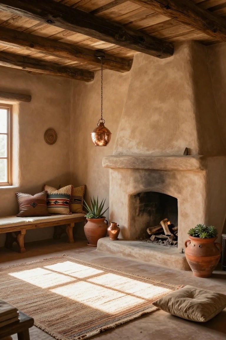 Beige adobe interior corner with exposed dark wooden beam ceiling, large arched fireplace containing burning logs, wooden bench with patterned pillows, copper pendant lantern, terracotta pots with plants, woven wall hanging, and striped rug on earthen floor.
