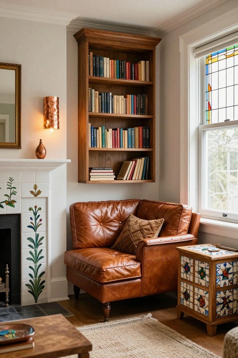 A tan leather tufted armchair in a living room corner under tall wooden bookshelves filled with colorful books, next to a white fireplace with green and gold tiled details and a stained glass window.