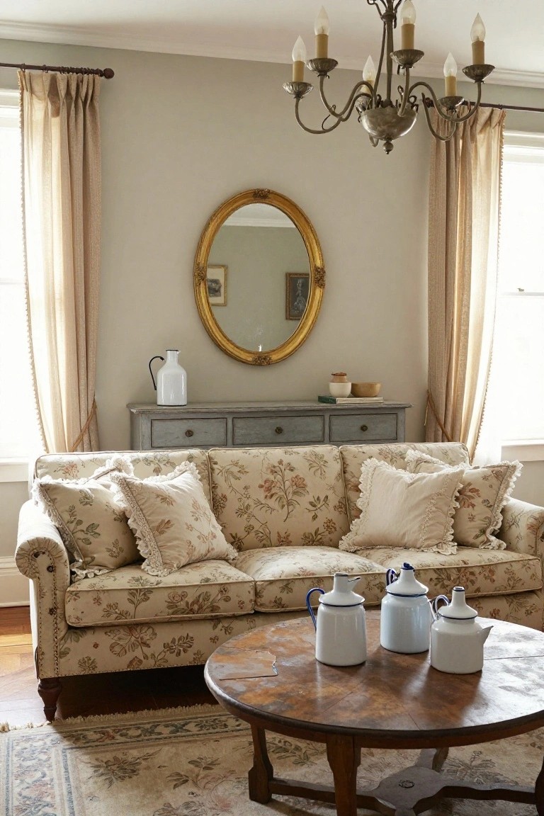 Living room interior with floral chintz sofa, round wooden coffee table holding white enamelware teapots and jug, gray sideboard topped with white jug and pottery, gold oval mirror, beige chandelier, linen curtains at tall windows, and oriental rug on wood floor.