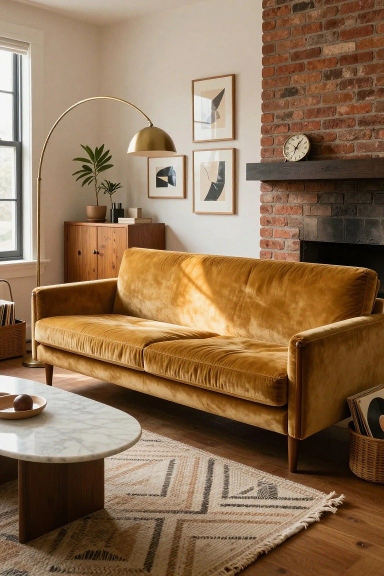 Living room with mustard yellow velvet sofa, marble-top coffee table, brick fireplace, gold arched floor lamp, wooden credenza, and potted plants on hardwood floors.