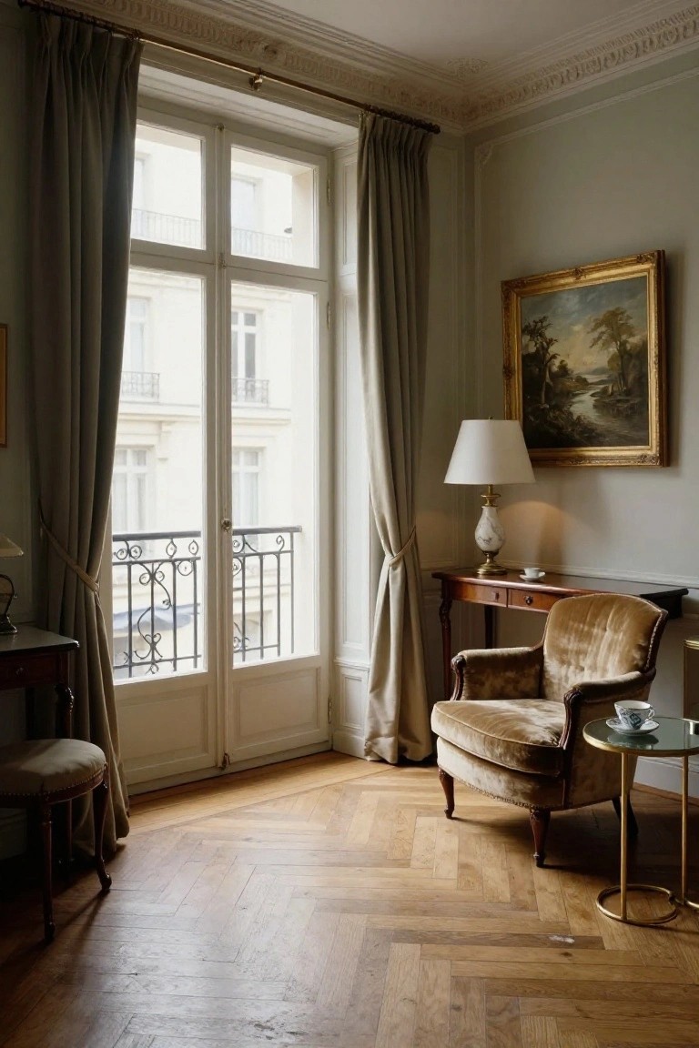 Corner of a pale green living room with a beige velvet armchair beside tall French windows draped in cream curtains, wooden console table with lamp and teacup, gold-framed landscape painting on wall, and herringbone parquet floor.