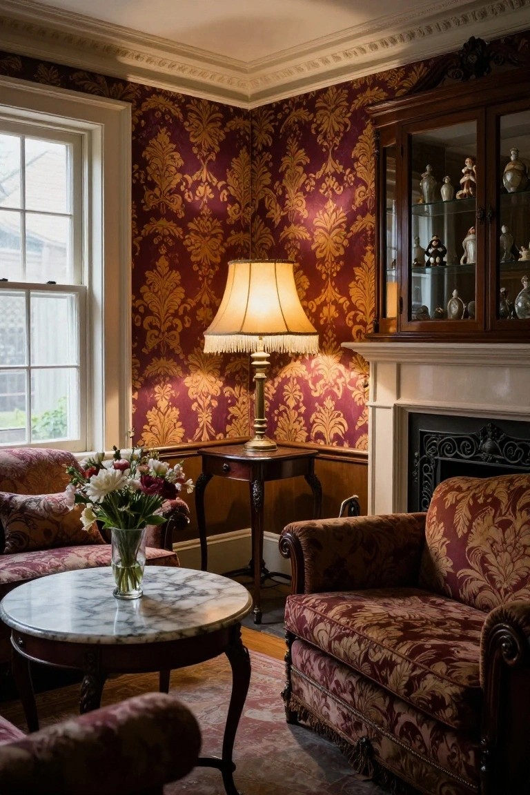 Corner of a vintage living room with deep red and gold damask wallpaper on walls, two patterned armchairs, round marble-topped wooden table with vase of flowers, brass lamp with fringed shade, wooden curio cabinet with porcelain figurines, and marble fireplace.