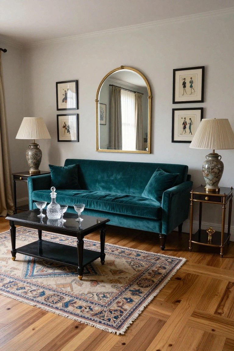 Living room interior with emerald green velvet sofa centered on Persian rug, black wood coffee table holding crystal decanter and glasses, side tables with ceramic vases and lamps, gold arch mirror over window, framed art on gray walls, hardwood floors.