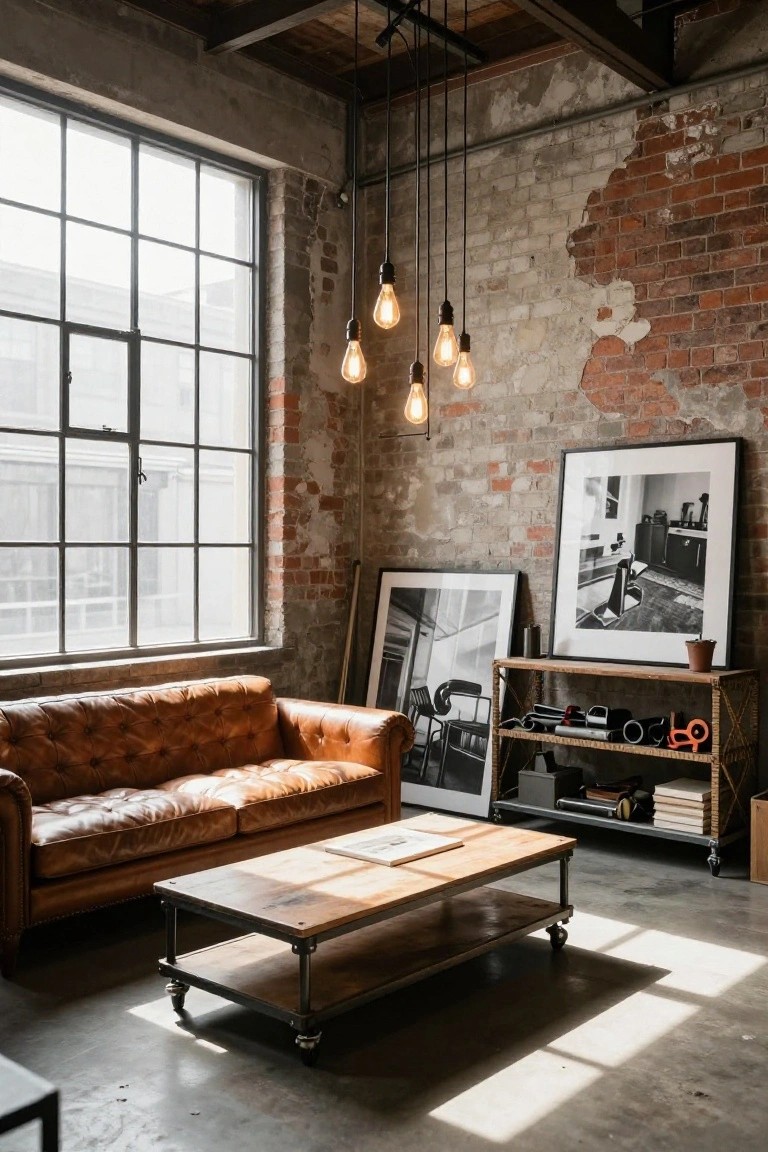Living room interior with exposed red brick walls, brown tufted leather sofa, low wooden coffee table on metal frame with wheels, cluster of hanging Edison bulb pendant lights, black and white framed photographs, industrial metal shelving, and large factory-style windows on a concrete floor.
