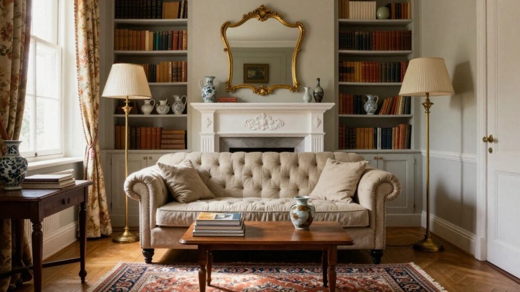 A cozy living room with sage green walls, wooden bookshelves flanking a white ornate fireplace, a cream tufted sofa, low wooden coffee table with stacked books, and a red Persian rug.