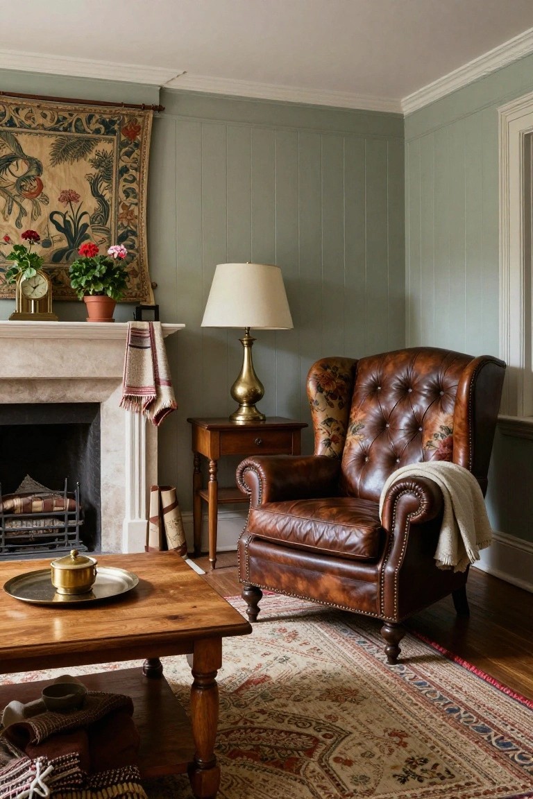 Sage green paneled living room corner with tufted brown leather wingback armchair beside marble fireplace, brass lamp on wooden side table, wooden coffee table on oriental rug, potted plants and clock on mantel, tapestry wall hanging.