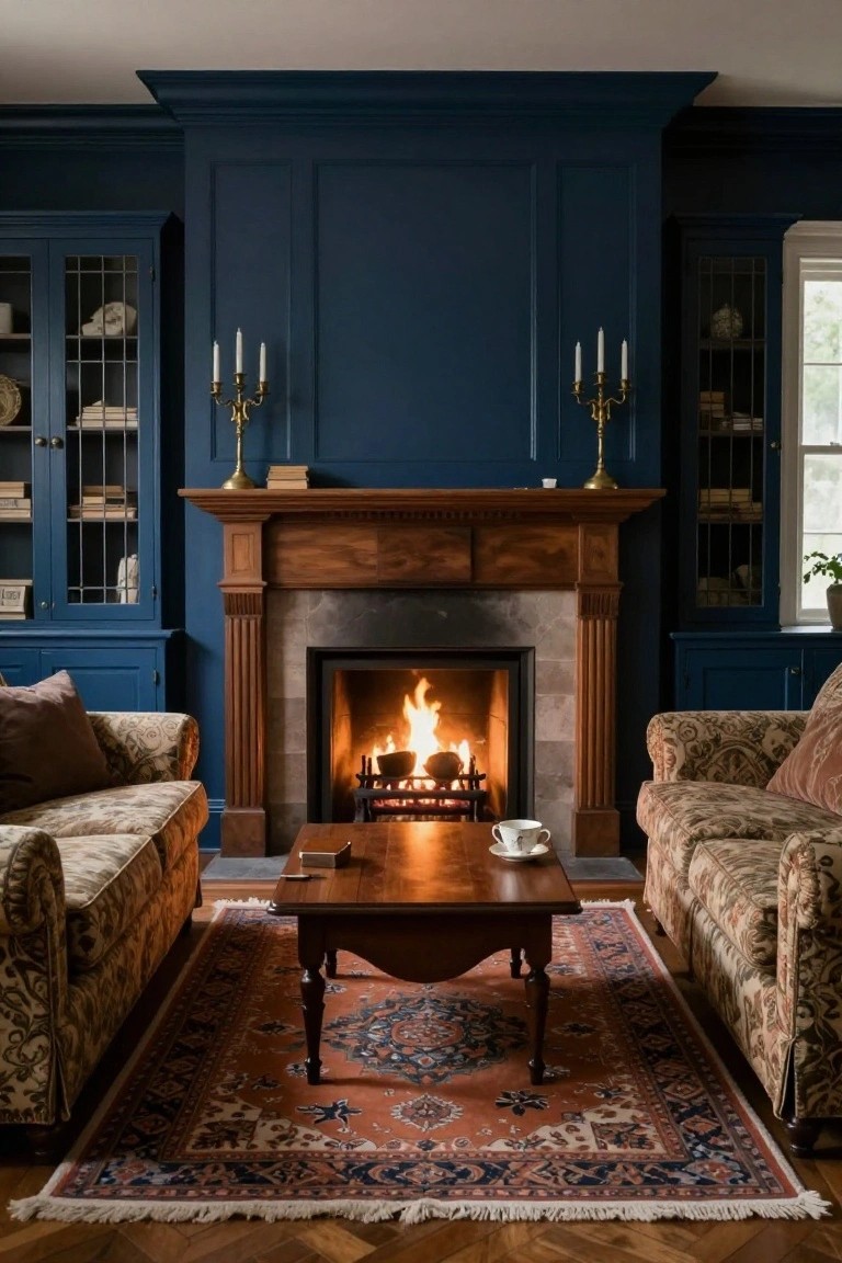 A living room with deep navy blue paneled walls and cabinets, a lit fireplace in a wooden mantel, two patterned upholstered sofas facing each other across a wooden coffee table on a patterned rug, flanked by gold candelabras and bookshelves.