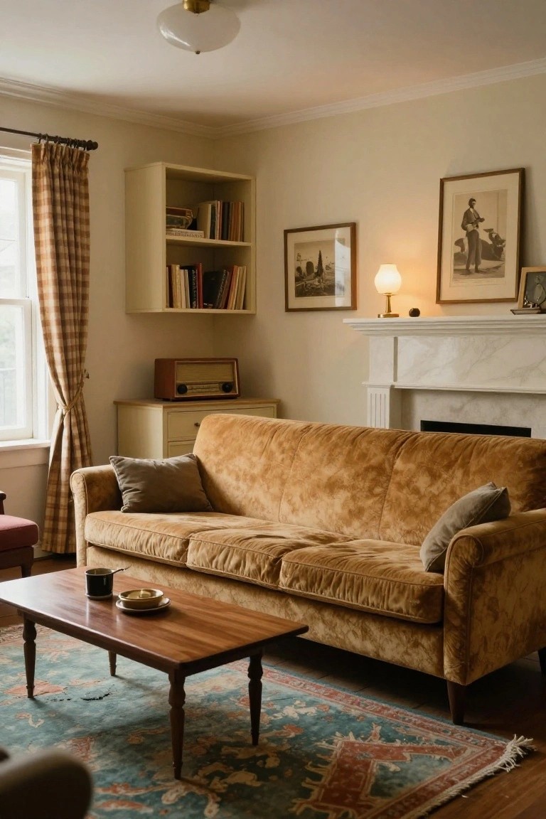Cozy living room with mustard velvet sofa, wooden coffee table holding a cup and plate, marble fireplace, bookshelves, vintage radio, and checkered curtains on windows
