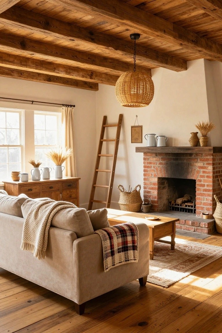 A cozy living room with exposed dark wooden beam ceiling, brick fireplace with logs, wooden dresser holding white pitchers and wheat sheaves, beige sofa with knit throw and plaid blanket, wooden coffee table, ladder against wall, rattan baskets, and wide plank wood floors.