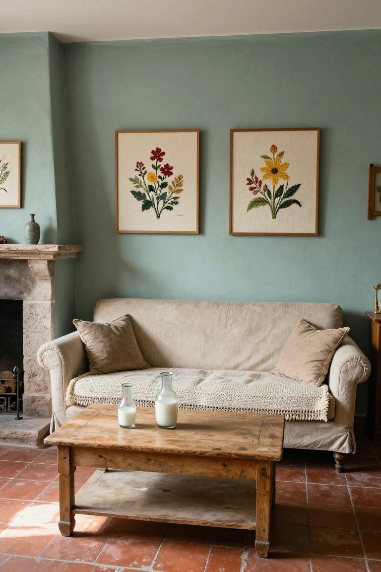 Cozy living room interior with cream slipcovered sofa, low distressed wooden coffee table holding two white glass milk bottles, stone fireplace, sage green walls, terracotta tile floor, and two framed embroidered floral panels above the mantel.
