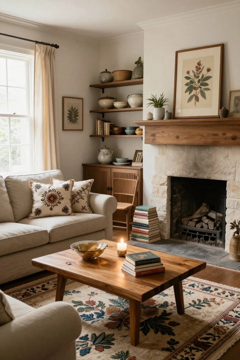 Cozy living room interior with cream sofa on patterned rug, wooden coffee table holding books and candles, stone fireplace under wooden mantel, open shelves displaying pottery plants and books, and large botanical print on wall.