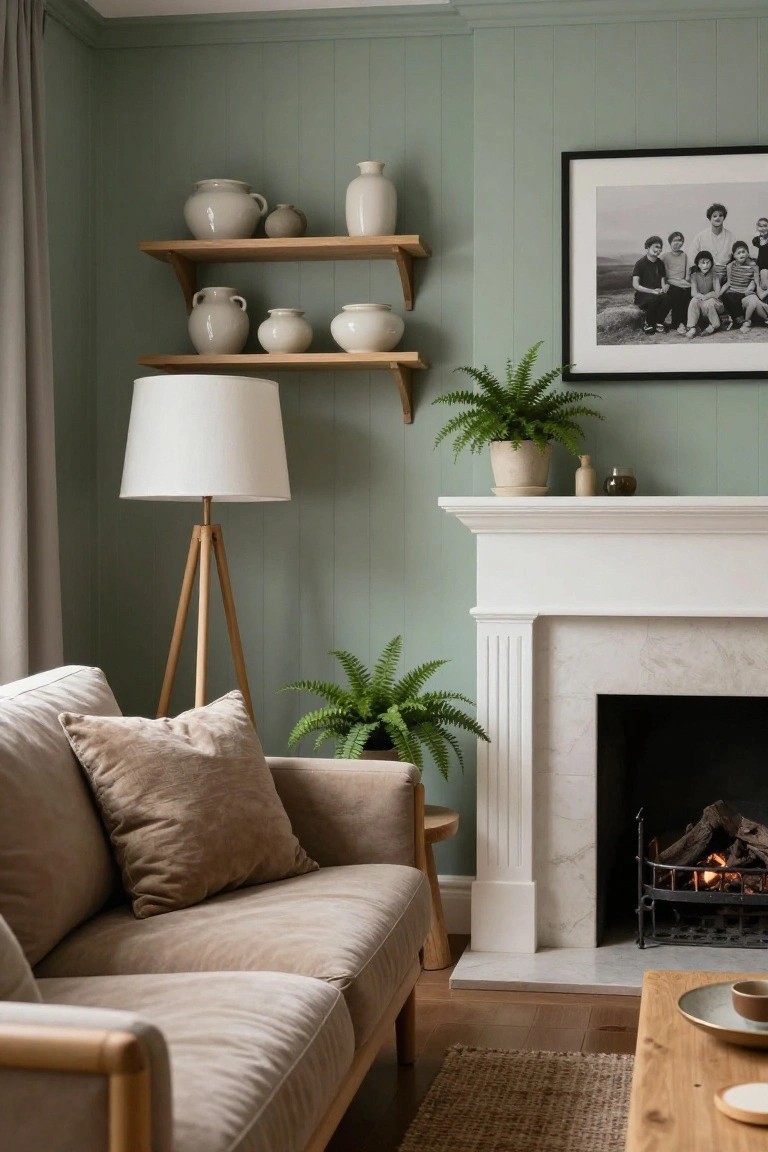 Living room featuring sage green tongue-and-groove paneled walls, floating wooden shelves with white pottery and ferns, a white marble fireplace with gas logs, beige linen sofa with tan pillows, tripod floor lamp, and seagrass rug on wood floor.