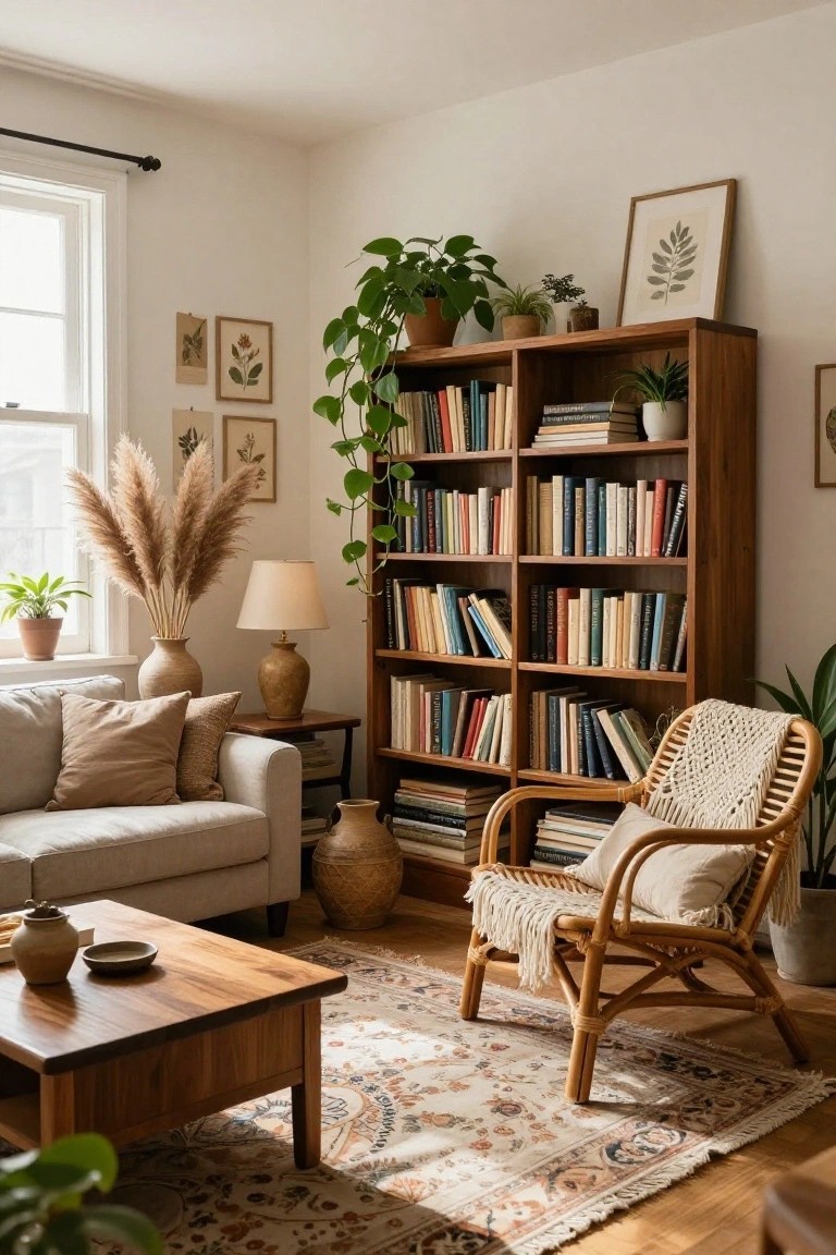 A sunlit living room corner with tall wooden bookcases filled with assorted books, trailing green plants on shelves, tall pampas grass in a vase, a light beige sofa, rattan chair with throw, wooden coffee table, and neutral rug.