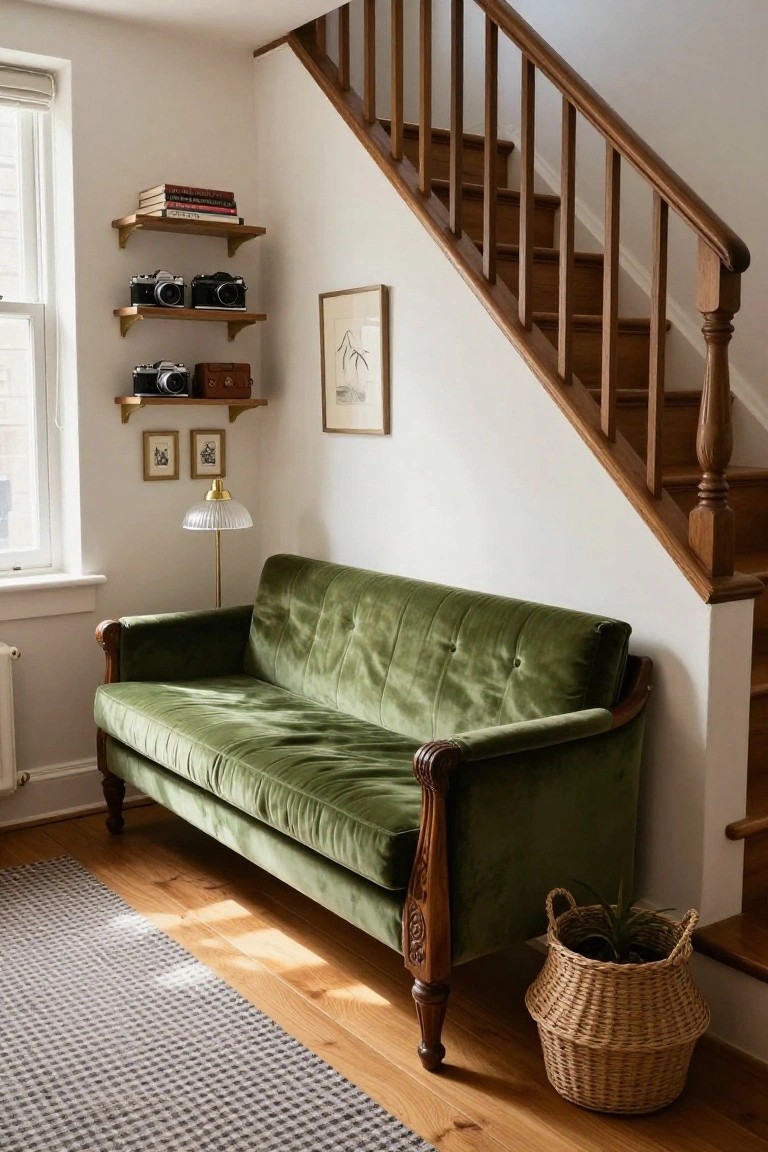 Green velvet tufted sofa with carved wooden legs positioned in a corner beside a wooden staircase, with shelves holding books and vintage cameras above, a floor lamp, and a wicker basket with a plant nearby.