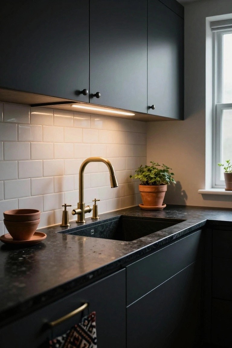 Modern apartment kitchen corner with matte black cabinets and countertop, white subway tile backsplash, brass gooseneck faucet and handles, black sink, terracotta bowls, potted plants, and under-cabinet LED lighting near a window.