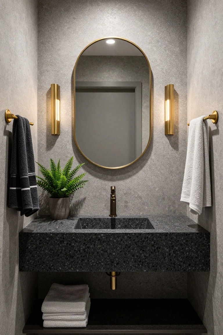 Modern powder room with textured gray walls, gold oval mirror illuminated from behind, matching gold sconces holding towels, floating black terrazzo vanity with integrated sink and faucet, potted fern plant, and stacked white towels on open shelf below.