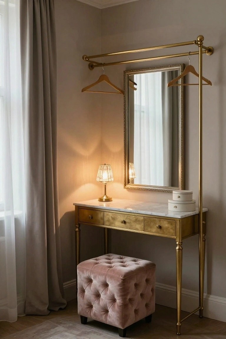 Corner room setup with gold metal pipe rail holding wooden hangers, ornate framed mirror, marble-topped gold vanity table with drawers and fringed lamp plus stacked white boxes, and pink tufted velvet stool.