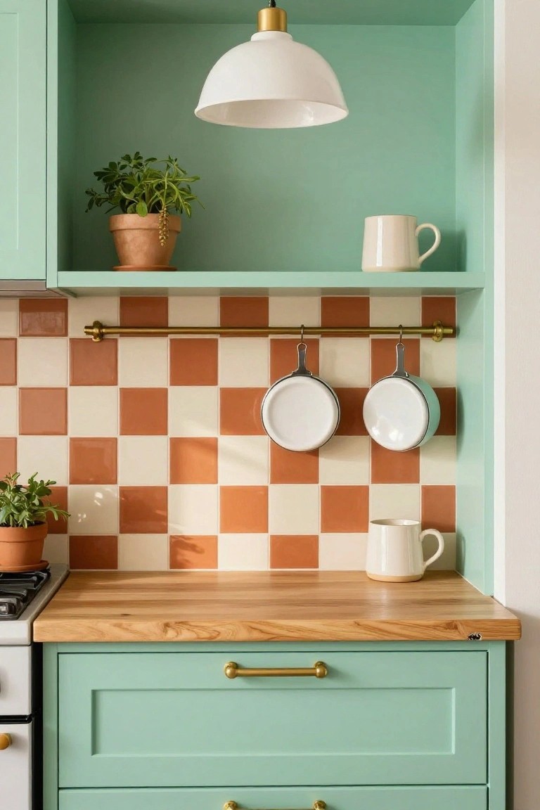 Closeup kitchen view showing mint green cabinets with brass pulls below a wood countertop, orange and white checkerboard tile backsplash with two hanging white enamel pans on a brass rail, potted plants, and a white pendant light overhead.