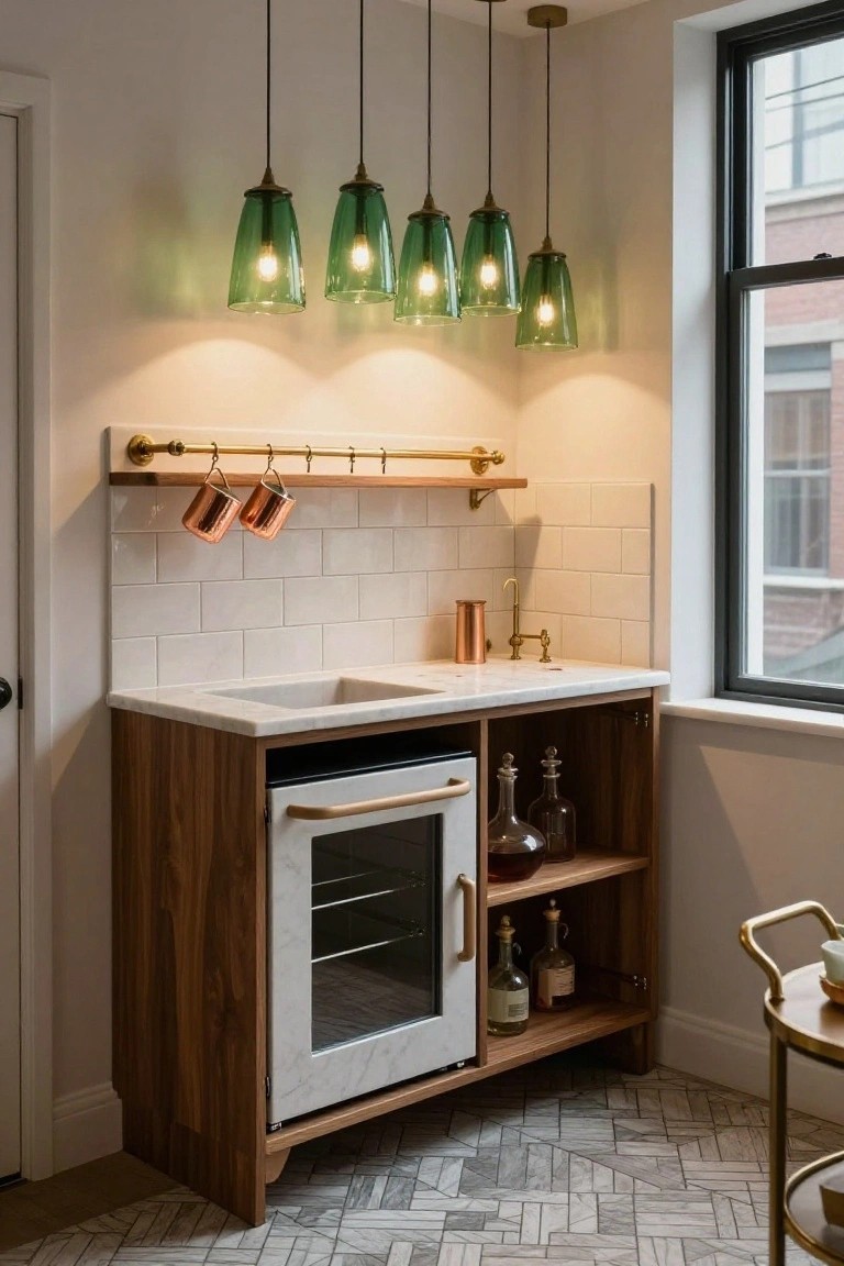 Compact wooden wet bar cabinet with white marble countertop, integrated white wine cooler, brass faucet and hooks, copper mugs, glass bottles on shelves, and green glass pendant lights hanging above in a room with white subway tile backsplash and parquet floor.
