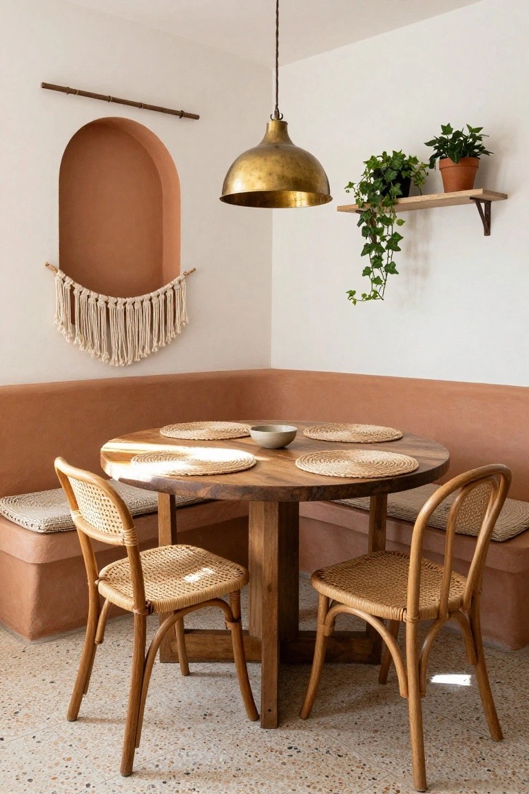 Indoor corner dining area with terracotta walls, built-in cushioned bench seating, round wooden table, rattan chairs, woven placemats, plants on shelves, and brass pendant light.