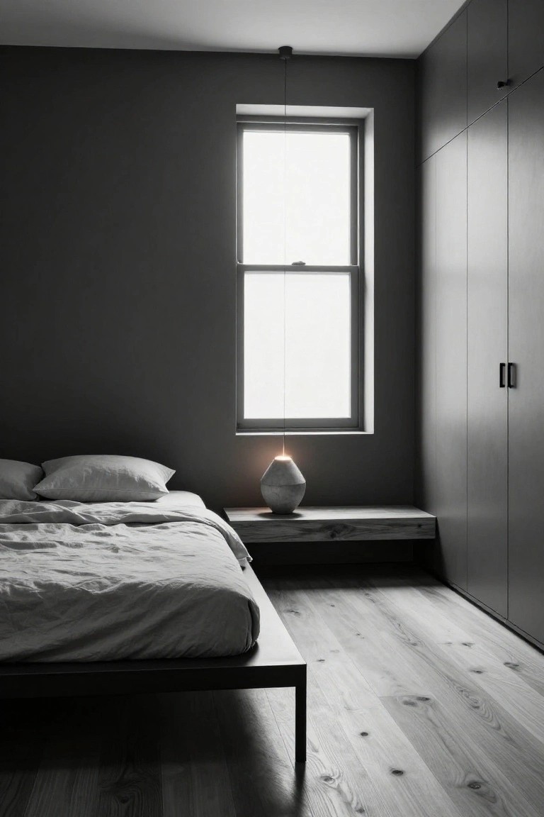 Minimalist bedroom with dark gray walls, platform bed draped in white linens, bedside shelf holding a vase and candle, tall built-in wardrobes, light wooden floors, and a large window letting in daylight.