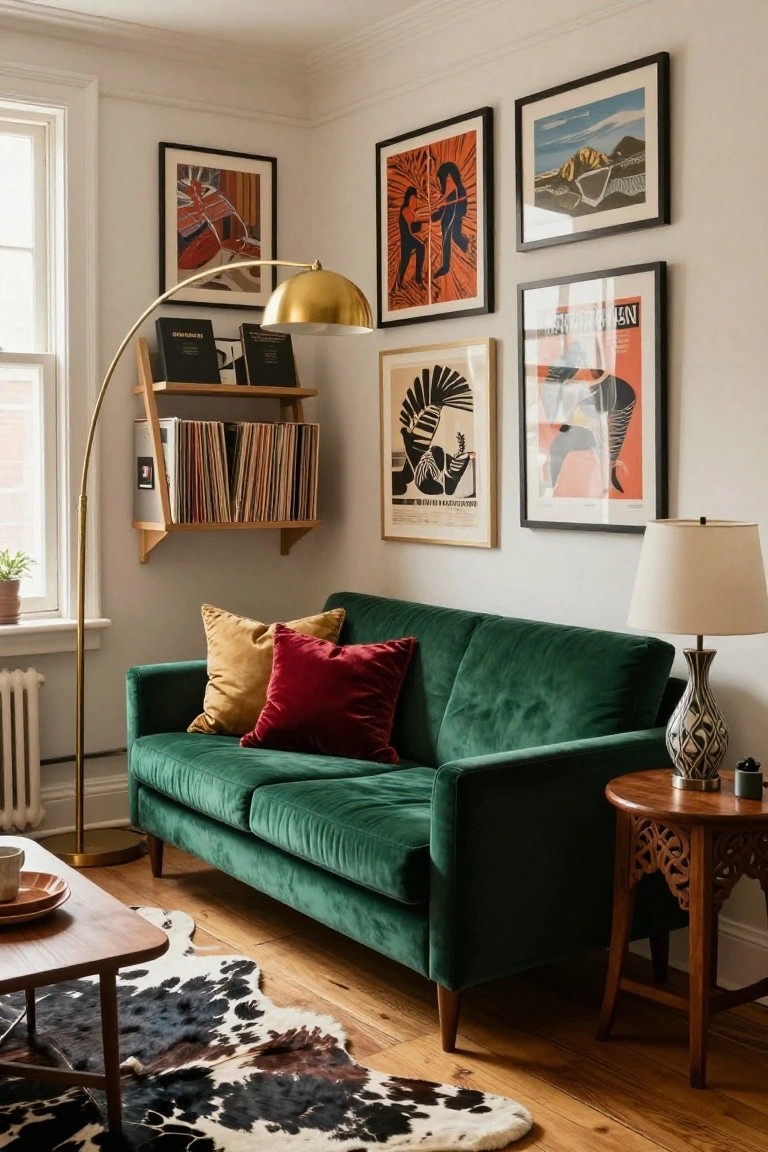 Apartment living room corner with emerald green velvet sofa piled with yellow and red pillows, eclectic framed art on walls, wooden shelves holding records and books, arc lamp, table lamp, and cowhide rug on wood floor.
