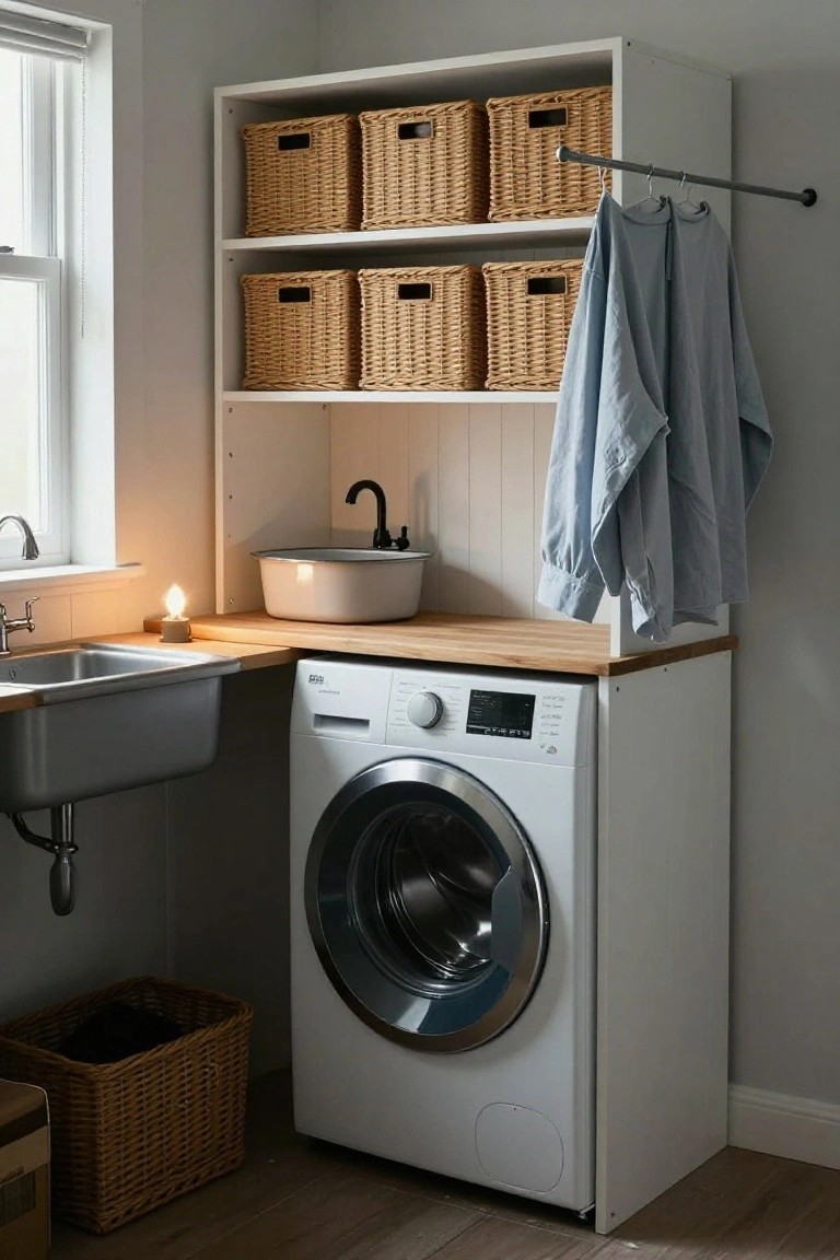 Compact indoor laundry corner featuring white open shelving with multiple wicker baskets, a wooden countertop over a white sink and front-loading washer, hanging blue clothes on a metal rail, and a small lit candle on the counter.