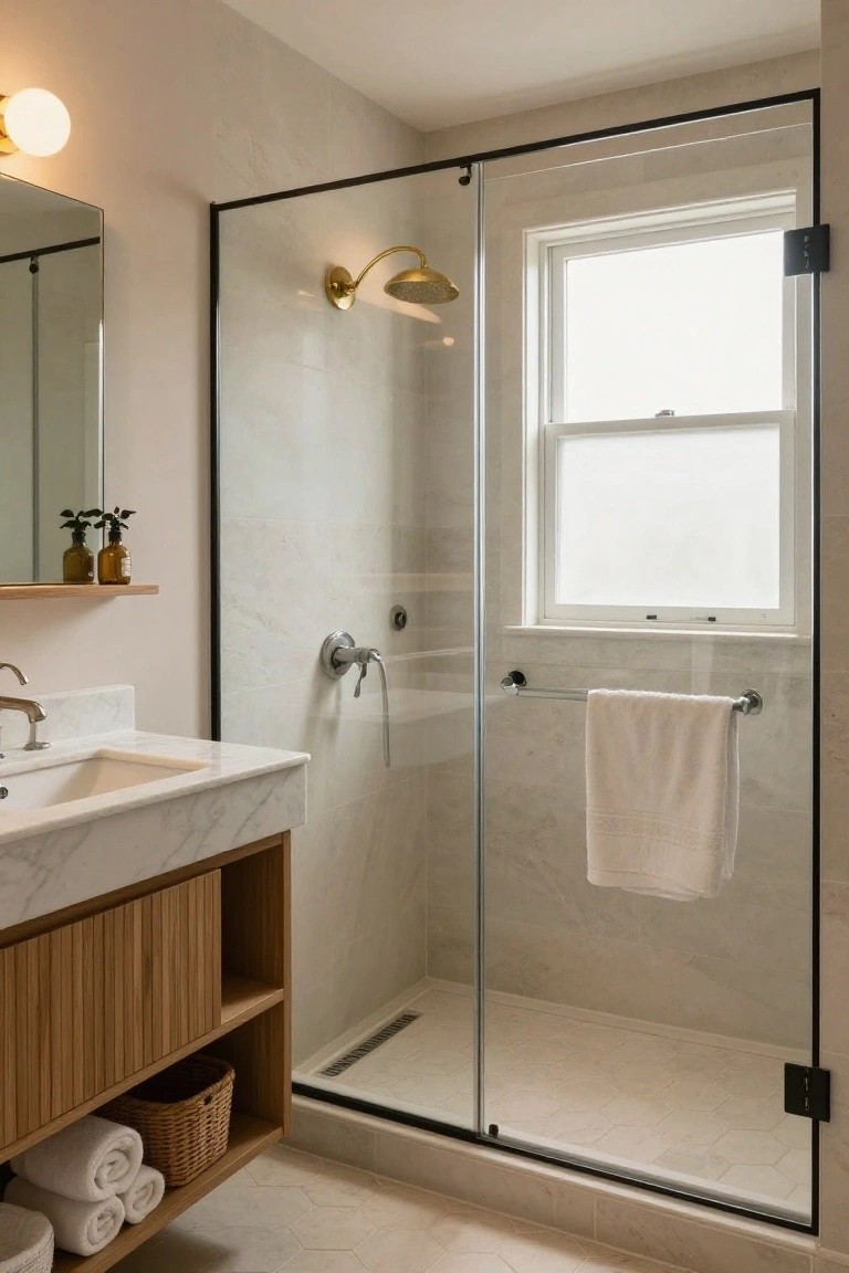 Modern bathroom with black-framed glass shower enclosure containing a window and rain showerhead, marble-top vanity on slatted wood base with towel storage, gold sconces, and light neutral tiles.