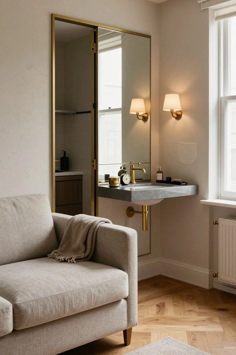 A beige linen sofa sits in a corner of a light studio apartment next to a tall gold-framed folding mirror door concealing a bathroom with floating gray sink, brass faucet, wall sconces, and a window with radiator.