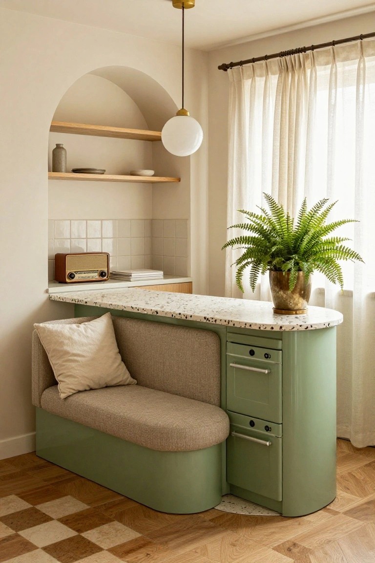 A curved sage green built-in banquette with beige cushions along a speckled white countertop, arched wooden shelves with pottery and a vintage radio, potted fern, white tiled wall, sheer curtains, and parquet wood floor in an interior room.