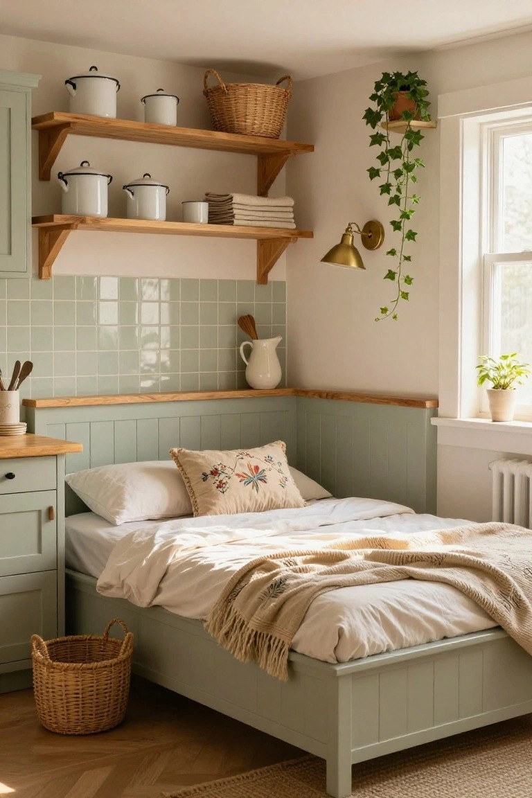 Small studio apartment interior with sage green painted corner cabinets and built-in bed platform, wooden shelves holding white enamelware pots and baskets, green tiled backsplash, hanging ivy plant, and window with potted plants.