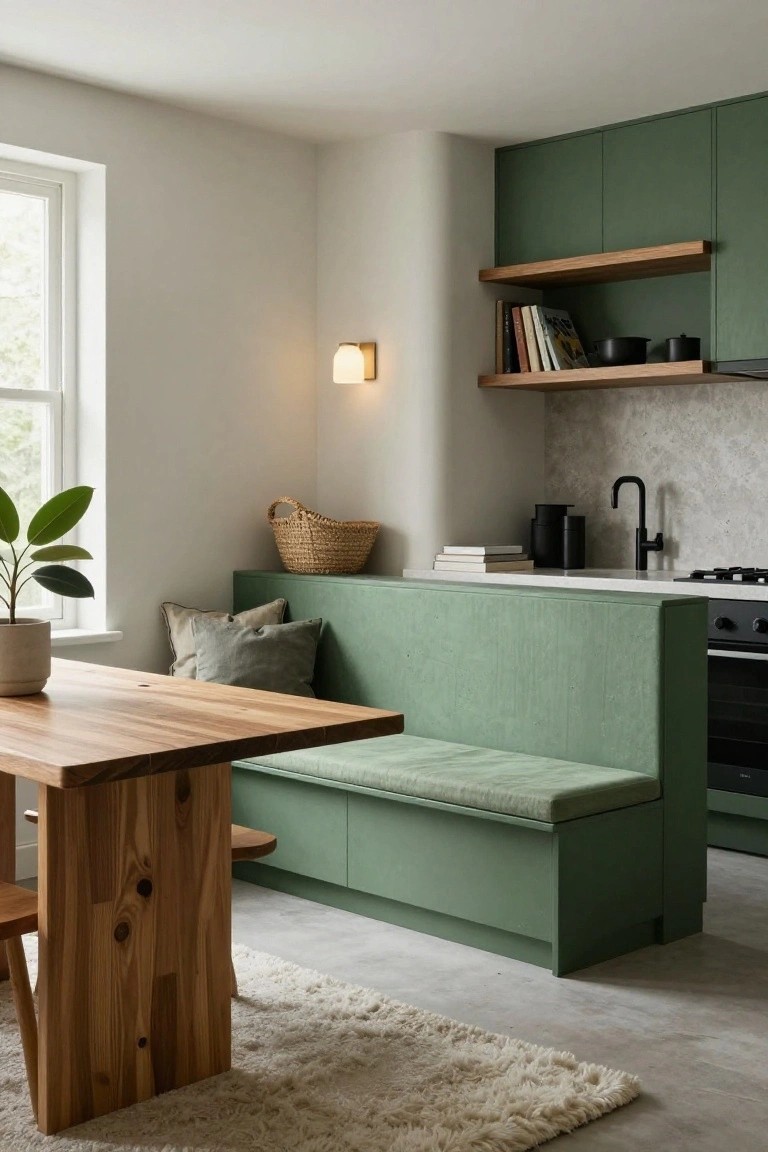 Compact kitchen-dining nook with green upholstered built-in bench seating, wooden table and stools, green cabinets, floating oak shelves, black faucet, and potted plant near a window.