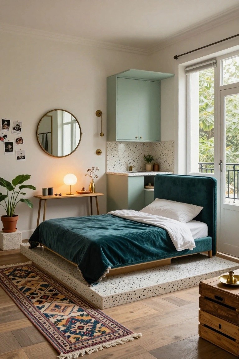 Small studio apartment interior with teal velvet upholstered bed on raised platform with terrazzo base, mint green overhead cabinets and sink area, wooden desk with lamp and plants, gold mirror, Persian rug on wood floor, and large windows with balcony view.