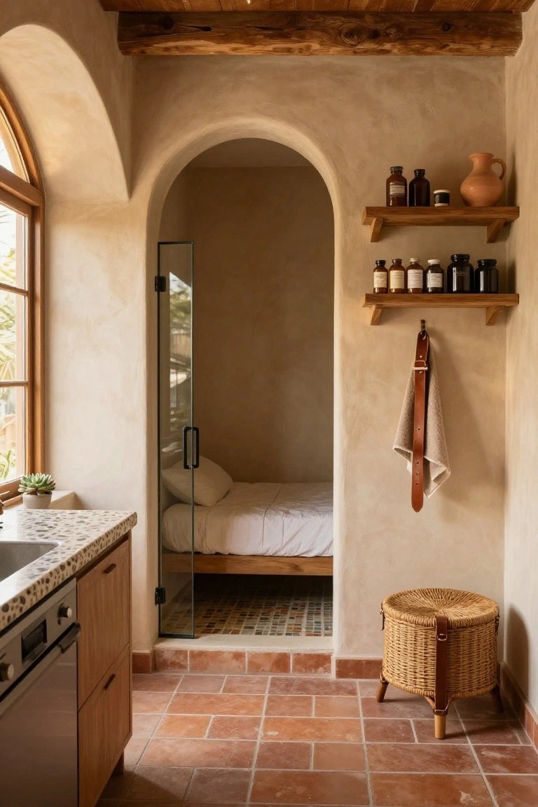 Small kitchen with speckled white countertop and wood cabinets next to an arched glass-door shower alcove containing a low white bed platform, terracotta tile floor, adobe walls, wooden shelves with glass jars, and a potted plant by the window.