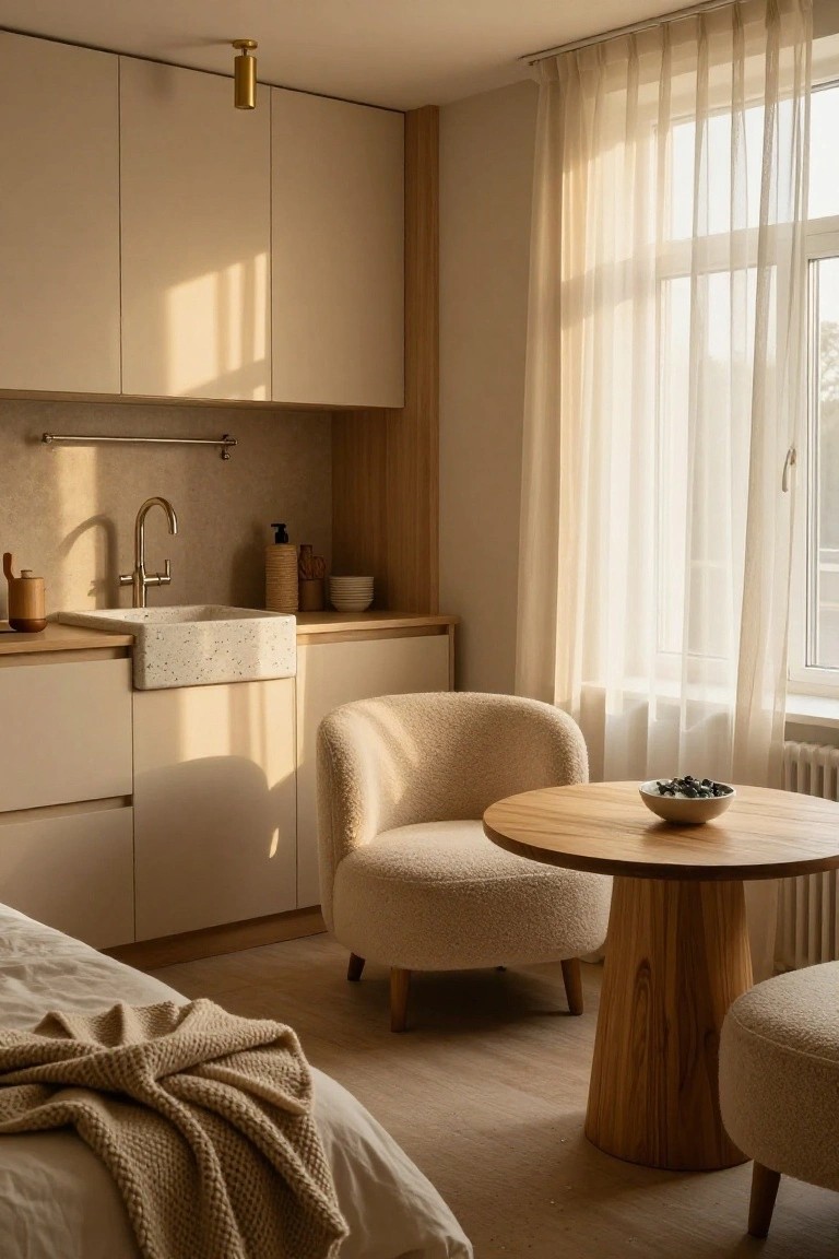 Cozy Neutrals Brighten Tiny Studios