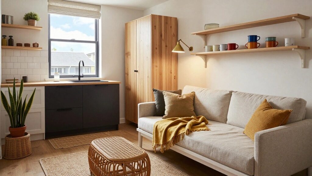 Compact studio apartment interior with a white wooden daybed piled with beige and yellow pillows and a yellow throw blanket, adjacent to a small white kitchen sink and cabinets, wooden wardrobe, shelves holding colorful mugs, a gold wall lamp, and a potted snake plant on a beige rug.