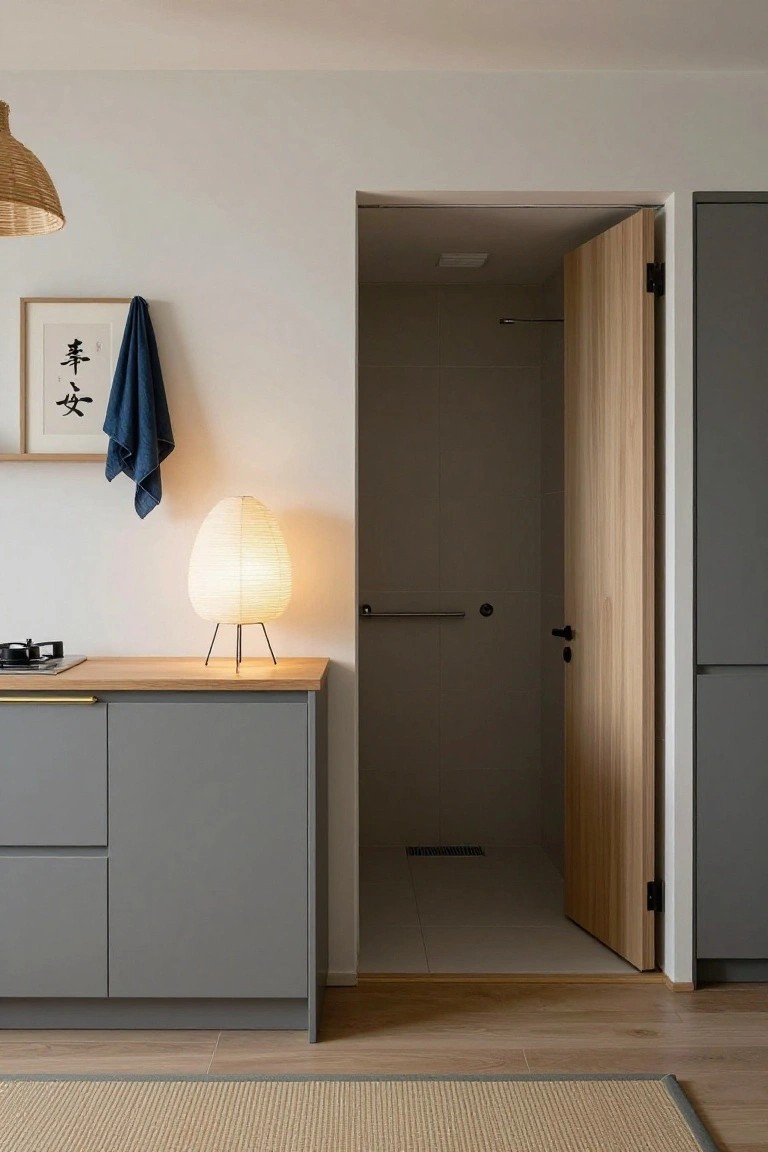 Minimalist kitchen with gray cabinets, wooden countertop and gas stove, white paper lantern lamp, blue towel on wall art, open light wood door revealing light gray tiled bathroom, and beige seagrass rug on light wood floor.