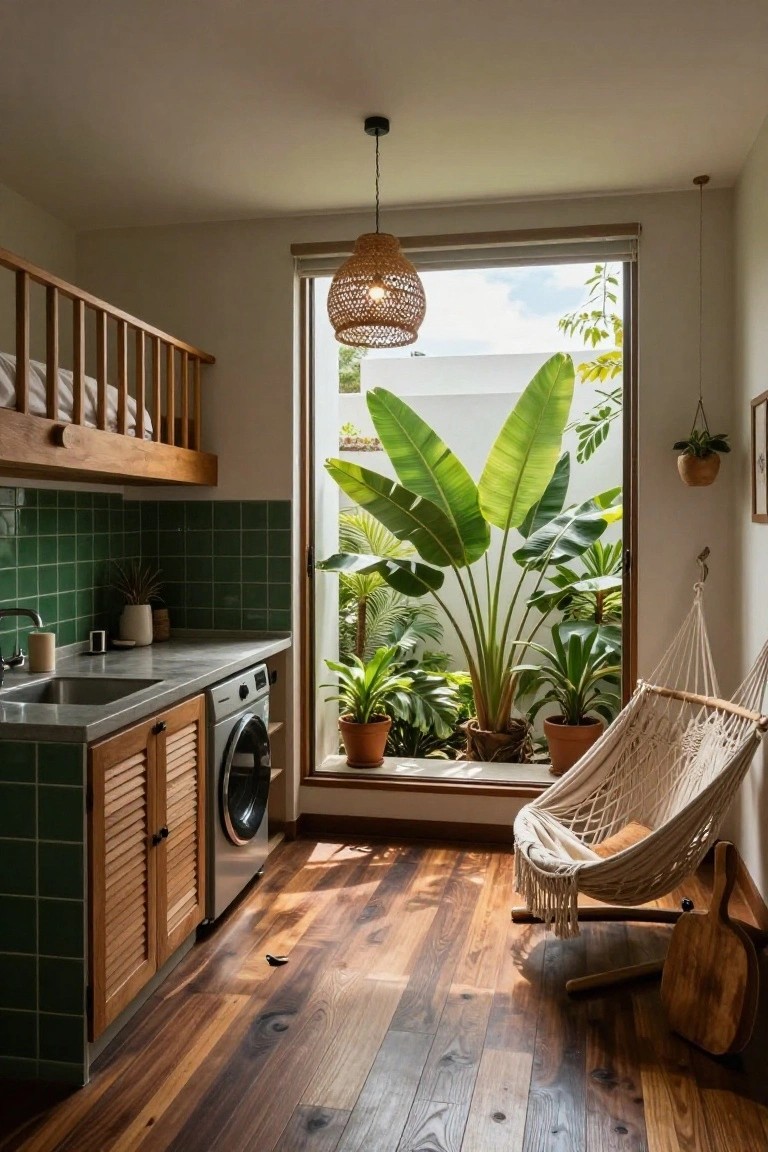 Compact kitchen with green tile backsplash, sink, washer-dryer unit, wooden cabinets and loft bed with railing above, large window showing tropical plants outside, and white hammock chair on wooden floor.