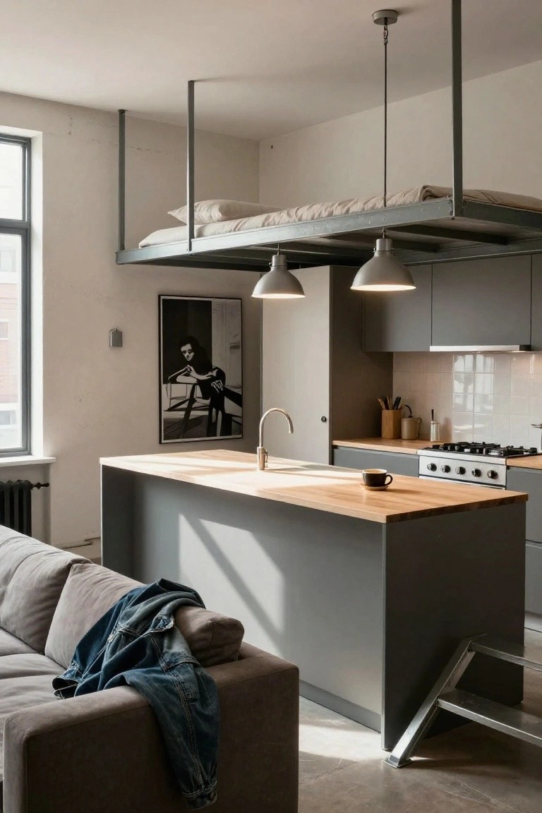 Tiny studio apartment interior with a metal lofted bed platform suspended above a gray kitchen island, gray sofa with denim jacket, pendant lights, and wall art.