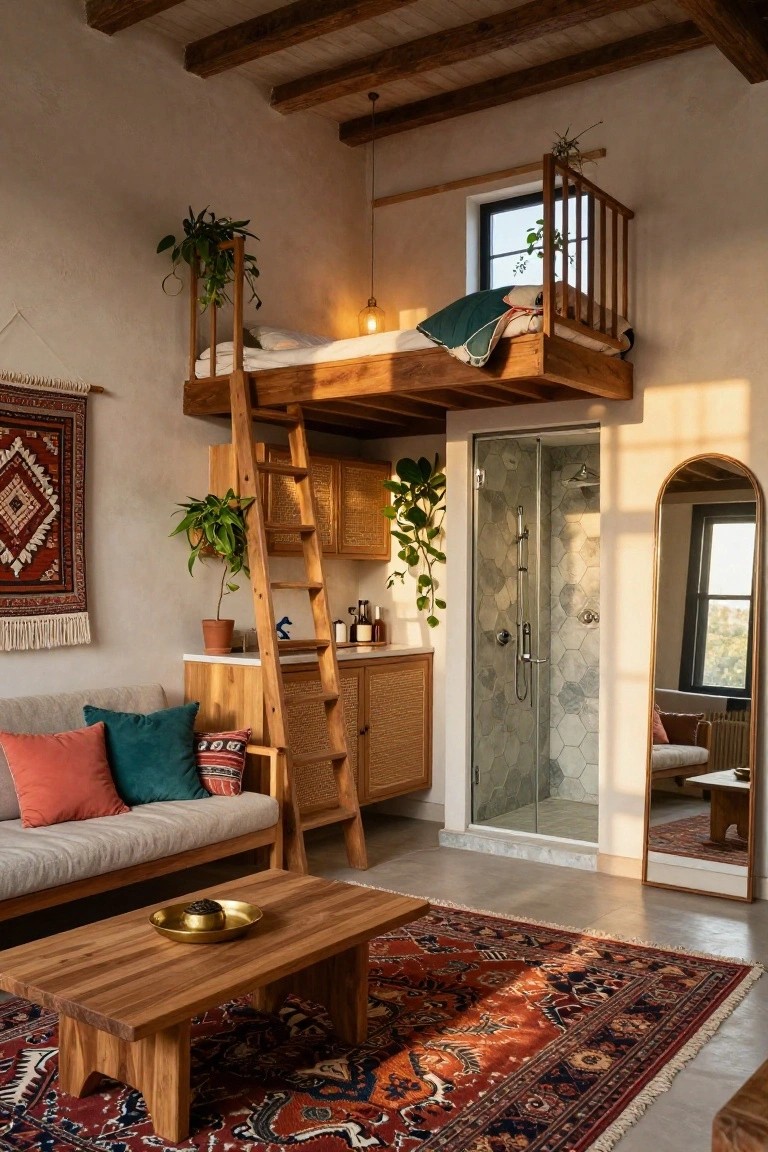 A cozy tiny studio apartment interior with a wooden loft bed accessed by a ladder, rattan kitchen cabinets, glass shower, beige sofa, wooden coffee table, and plants on beige walls under wooden beams.