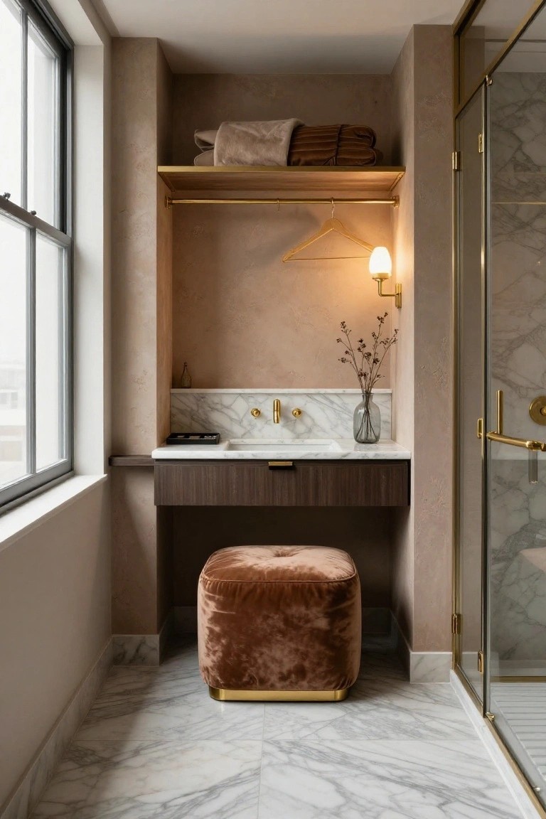 Compact bathroom nook with marble sink and countertop, brass faucet and hardware, wooden vanity drawer, glass shower enclosure, beige textured walls, bronze velvet pouf stool on marble tile floor, wooden shelf with towels above brass rod, and large window.